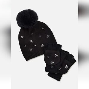 New!HOLIDAY TIME ADULT SNOWFLAKE BLACK HAT AND GLOVE SET WITH RHINESTONE